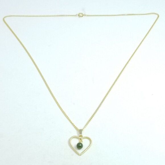 Vintage Gold Tone Heart Shape Pendant Necklace, Green Bead Center, Estate - Picture 5 of 5